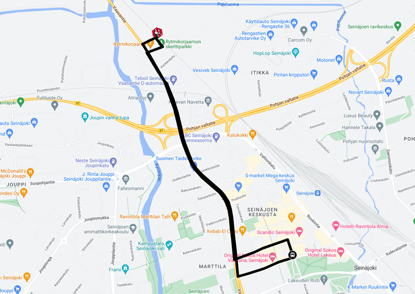 Rytmisbussin reitti piirrettyn&auml; kartalla